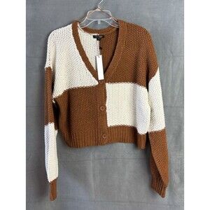 PaperMoon Cardigan MEDIUM Polyester Carmel White Color Block Chunky Knit NWT